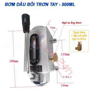 Bơm dầu bôi trơn tay, 500ml, đế bằng nhôm đúc. Mắt hiển thị mức dầu. Đường kính ống ngõ ra 4mm, tặng kèm đầu chuyển 6mm. Phù hợp dầu N32 - N68.