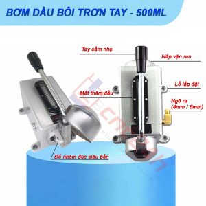 Bơm dầu bôi trơn tay, 500ml, đế bằng nhôm đúc. Mắt hiển thị mức dầu. Đường kính ống ngõ ra 4mm, tặng kèm đầu chuyển 6mm. Phù hợp dầu N32 - N68.