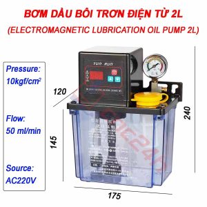 Bơm dầu bôi trơn điện từ, tự động hoàn toàn, 220V 1P 28W, 50ml/min 10kgf/cm2. Timer ON và OFF tích hợp trong mạch điều khiển trong bơm.