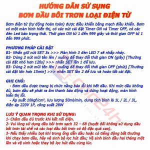 Bơm dầu bôi trơn điện từ, tự động hoàn toàn, 220V 1P 28W, 50ml/min 10kgf/cm2. Timer ON và OFF tích hợp trong mạch điều khiển trong bơm.