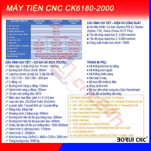Máy tiện CNC CK6180-2000, chính hãng Borui, giá nhà máy. Mâm cặp 15inch (381mm) loại thủy lực 3 chấu, đk tiện max 800mm, hành trình tiện max 2000mm.