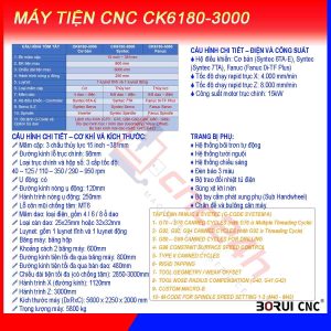 Máy tiện CNC CK6180-3000, chính hãng Borui, giá nhà máy. Mâm cặp 15inch (381mm) loại thủy lực 3 chấu, đk tiện max 800mm, hành trình tiện max 3000mm.