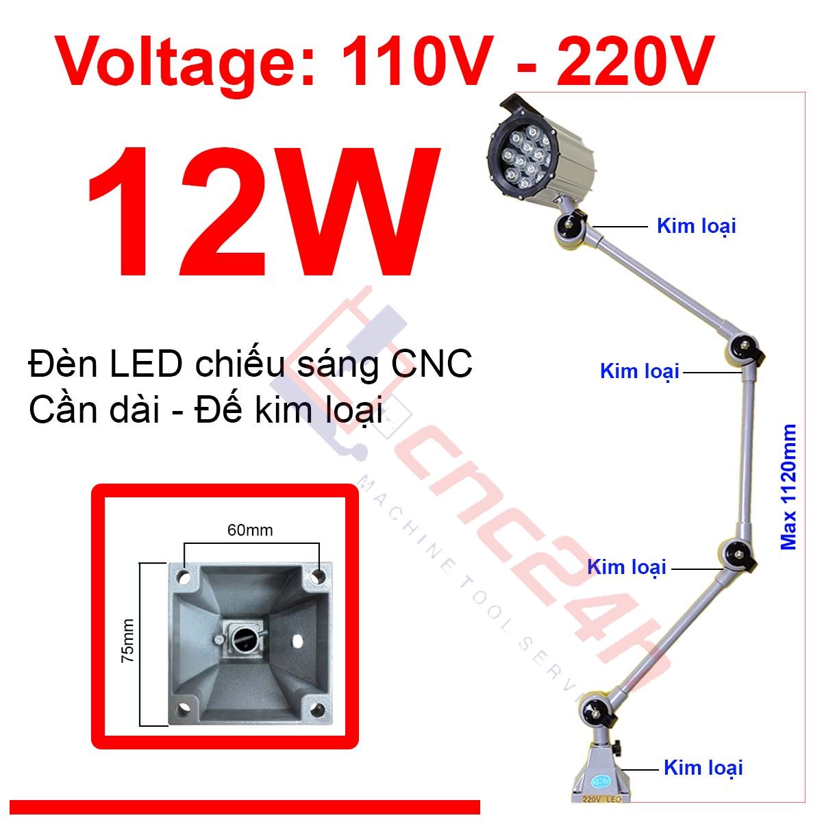 Den can - de KL - Dai - 220V 12W - hdd Đèn chiếu sáng máy CNC - Đèn LED cần - 24V hoặc 220V - Có loại Đế Kim Loại và Đế Nhựa. Đế xoay 360 độ và có nhiều khớp nối, dễ dàng điều chỉnh đèn - Chống nước / bụi / dầu / va đập.