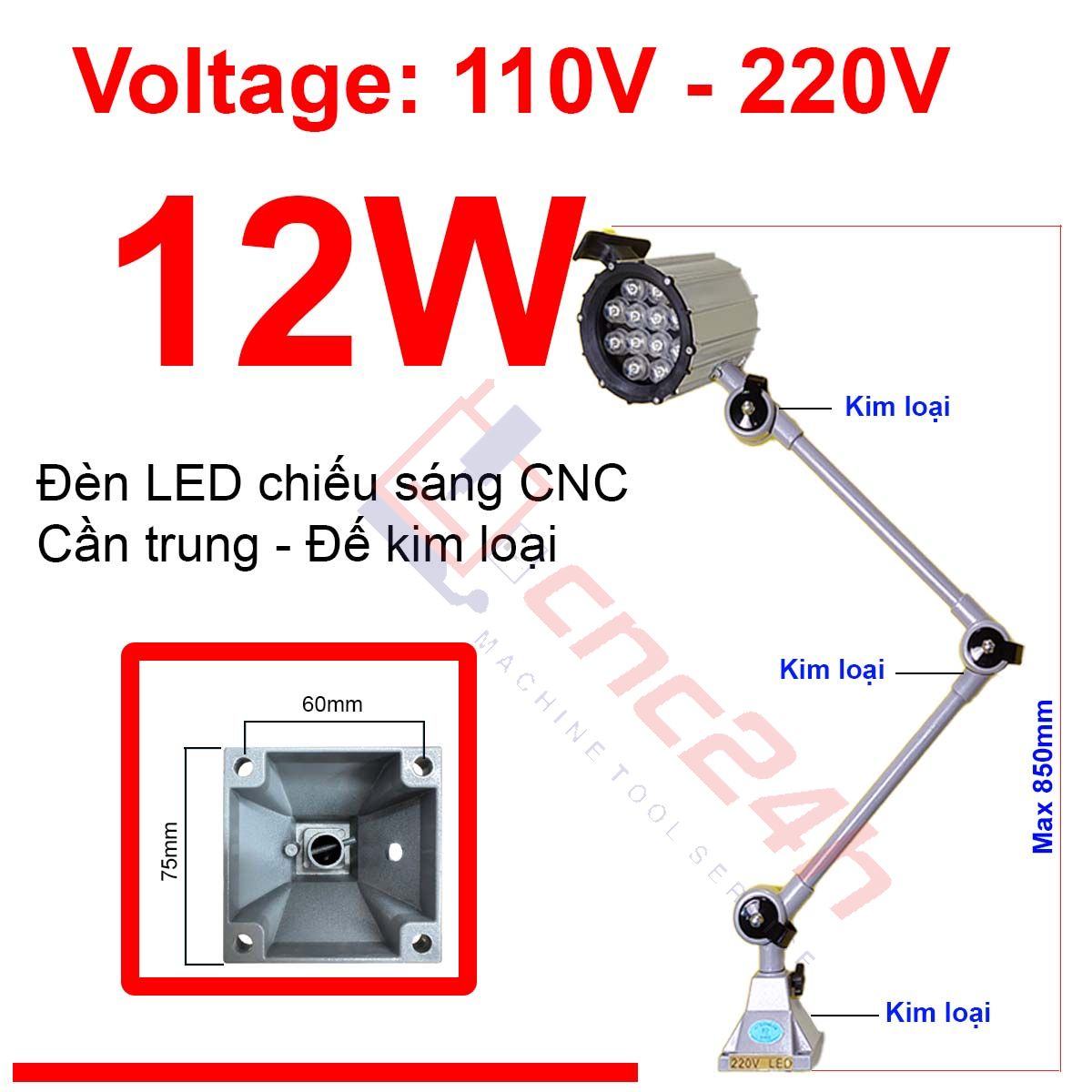 Den can - de KL - Trung - 220V 12W - hdd Đèn chiếu sáng máy CNC - Đèn LED cần - 24V hoặc 220V - Có loại Đế Kim Loại và Đế Nhựa. Đế xoay 360 độ và có nhiều khớp nối, dễ dàng điều chỉnh đèn - Chống nước / bụi / dầu / va đập.