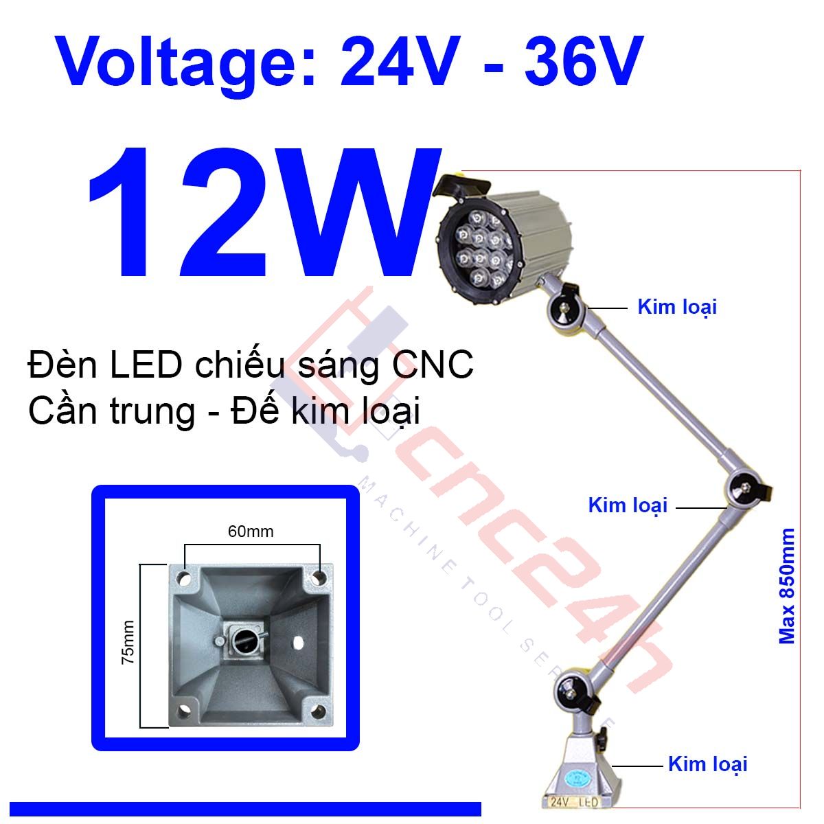Den can - de KL - Trung - 24V 12W - hdd Đèn chiếu sáng máy CNC - Đèn LED cần - 24V hoặc 220V - Có loại Đế Kim Loại và Đế Nhựa. Đế xoay 360 độ và có nhiều khớp nối, dễ dàng điều chỉnh đèn - Chống nước / bụi / dầu / va đập.