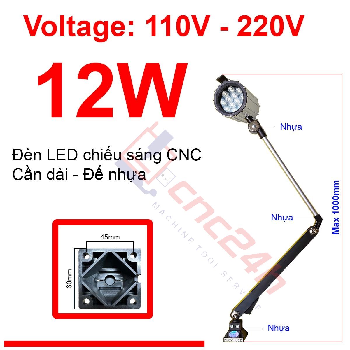 Den can - de nhua - Dai - 220V 12W - hdd Đèn chiếu sáng máy CNC - Đèn LED cần - 24V hoặc 220V - Có loại Đế Kim Loại và Đế Nhựa. Đế xoay 360 độ và có nhiều khớp nối, dễ dàng điều chỉnh đèn - Chống nước / bụi / dầu / va đập.