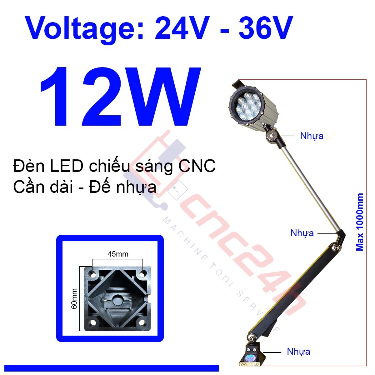 Den can - de nhua - Dai - 24V 12W - hdd Đèn chiếu sáng máy CNC - Đèn LED cần - 24V hoặc 220V - Có loại Đế Kim Loại và Đế Nhựa. Đế xoay 360 độ và có nhiều khớp nối, dễ dàng điều chỉnh đèn - Chống nước / bụi / dầu / va đập.
