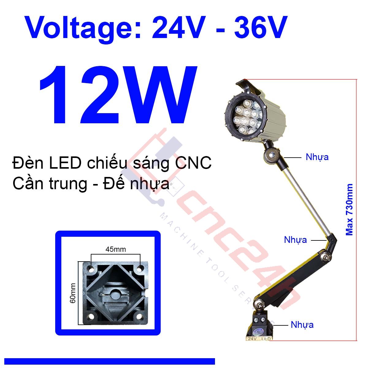 Den can - de nhua - Trung - 24V 12W - hdd Đèn chiếu sáng máy CNC - Đèn LED cần - 24V hoặc 220V - Có loại Đế Kim Loại và Đế Nhựa. Đế xoay 360 độ và có nhiều khớp nối, dễ dàng điều chỉnh đèn - Chống nước / bụi / dầu / va đập.