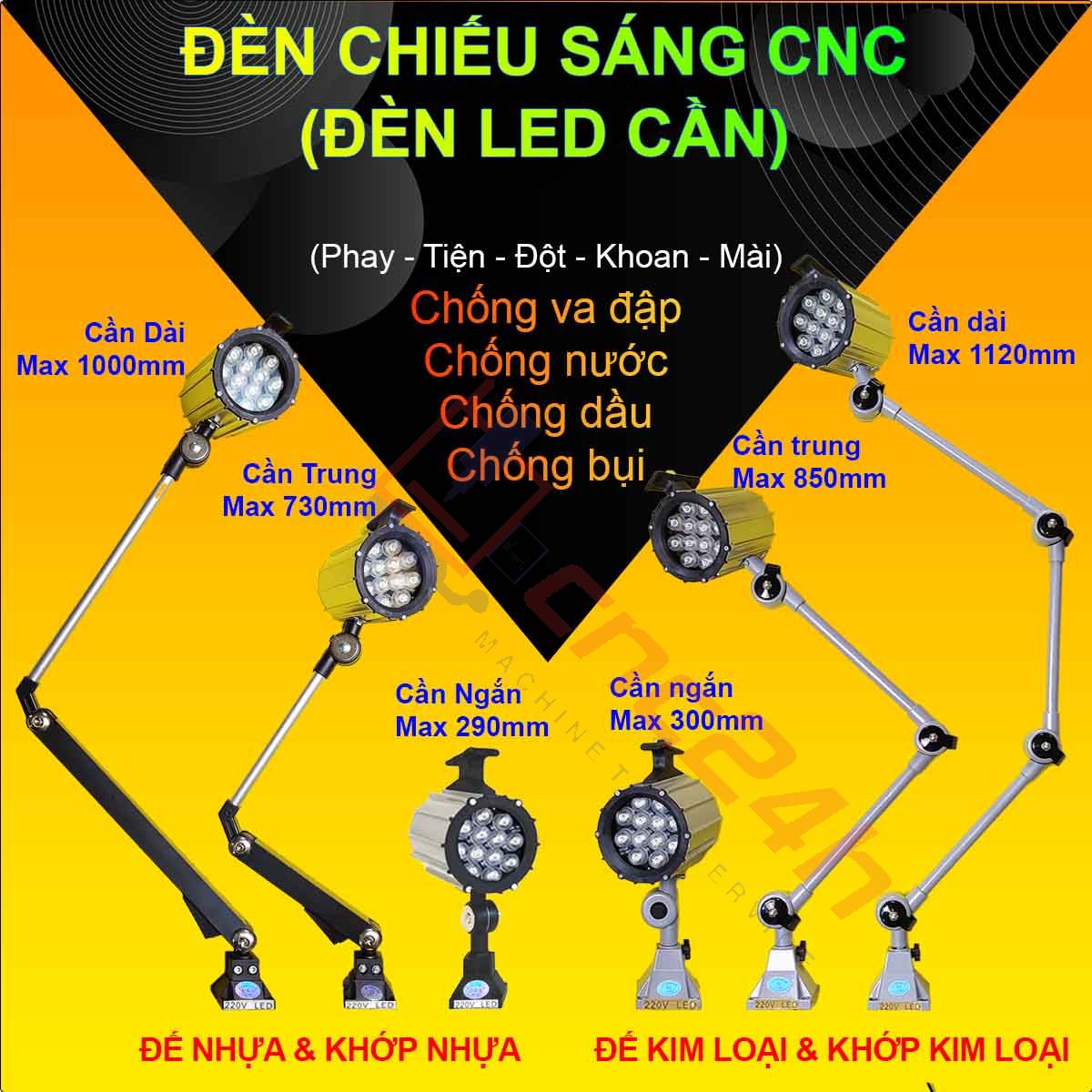 Den chieu sang - den can - de kim loai va de nhua - h1 Đèn chiếu sáng máy CNC - Đèn LED cần - 24V hoặc 220V - Có loại Đế Kim Loại và Đế Nhựa. Đế xoay 360 độ và có nhiều khớp nối, dễ dàng điều chỉnh đèn - Chống nước / bụi / dầu / va đập.