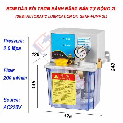 Bơm dầu bôi trơn bánh răng, có loại bán tự động và loại tự động hoàn toàn, 220V 1P 20W, 200ml/min 2.0MPa, Thường dùng trên máy CNC là loại bán tự động.