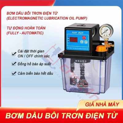 Bơm dầu bôi trơn điện từ, tự động hoàn toàn, 220V 1P 28W, 50ml/min 10kgf/cm2. Timer ON và OFF tích hợp trong mạch điều khiển trong bơm.
