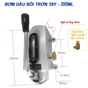 Bơm dầu bôi trơn tay, 350ml, đế bằng nhôm đúc. Mắt hiển thị mức dầu. Đường kính ống ngõ ra 4mm, tặng kèm đầu chuyển 6mm. Phù hợp dầu N32 - N68.